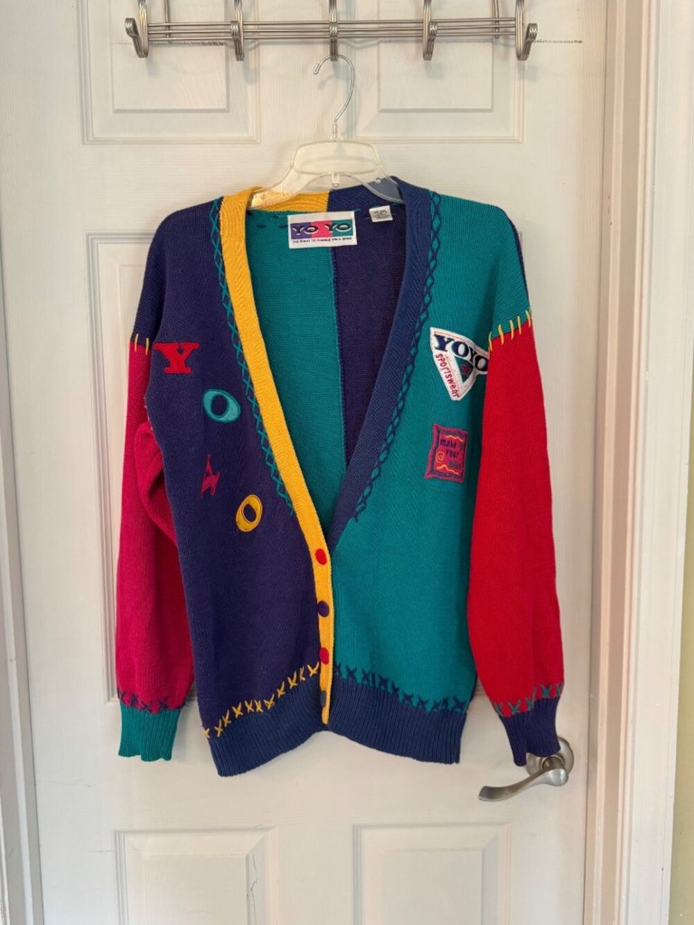 Vintage YOYO Colorblock Knit Cardigan Sweater Patch Primary ABC 90s 80s Small - Picture 5 of 10